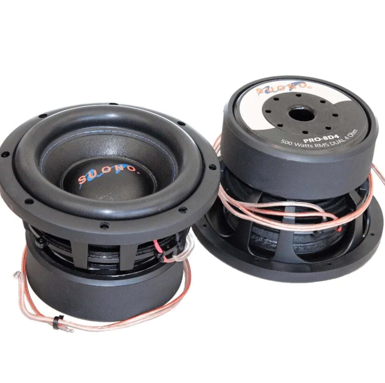 Suono PRO-8D4 8 inch subwoofer pair angled view showing one unit face-up with black cone and Suono logo dust cap, and one unit showing motor bottom with PRO-8D4 label, 500 Watts RMS Dual 4 Ohm, Suono logo, and vented pole piece