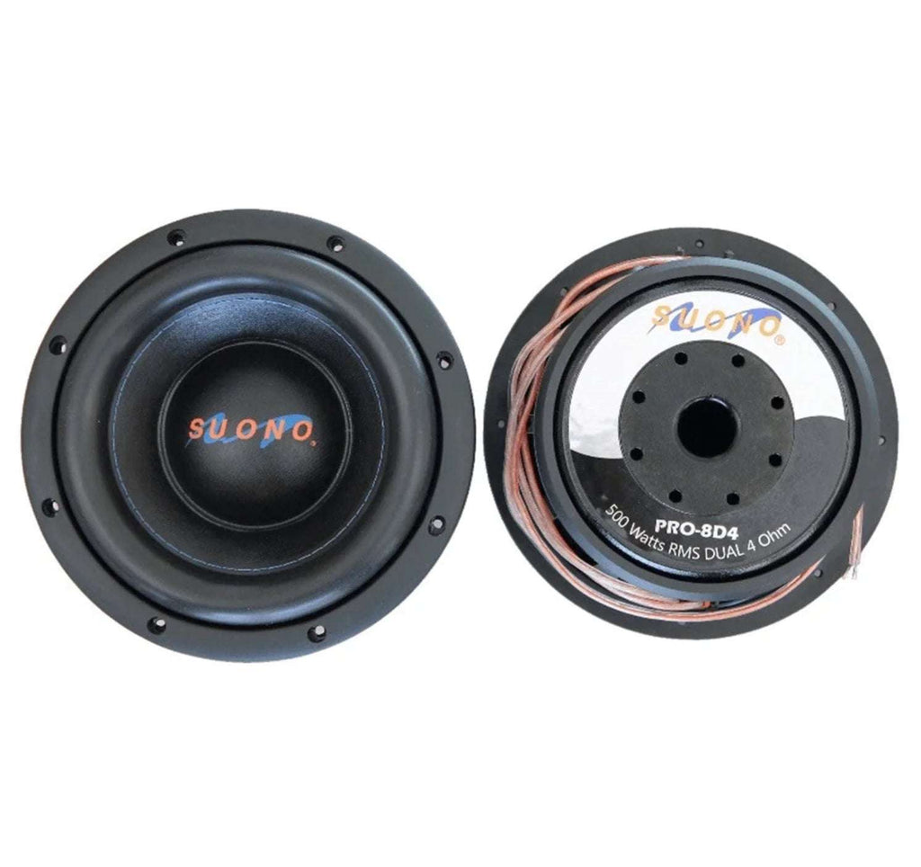 Suono PRO-8D4 8 inch subwoofer two-unit flat lay showing one face-up with black cone and Suono logo dust cap, and one face-down showing motor bottom with PRO-8D4 label, 500 Watts RMS Dual 4 Ohm, Suono logo, vented pole piece, and tinsel leads