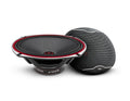 A pair of car audio speakers, one showing the front face with a black cone and red trim, and the other showing the side grille with a silver accent, on a white background.