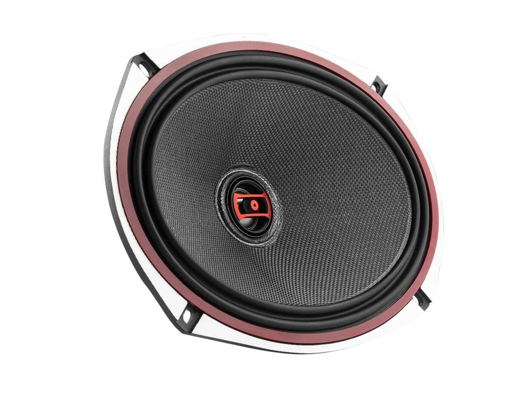 A single car audio speaker shown at an angle on a plain white background. The speaker features a black textured cone, a reddish-brown outer ring, and a central red and black tweeter.