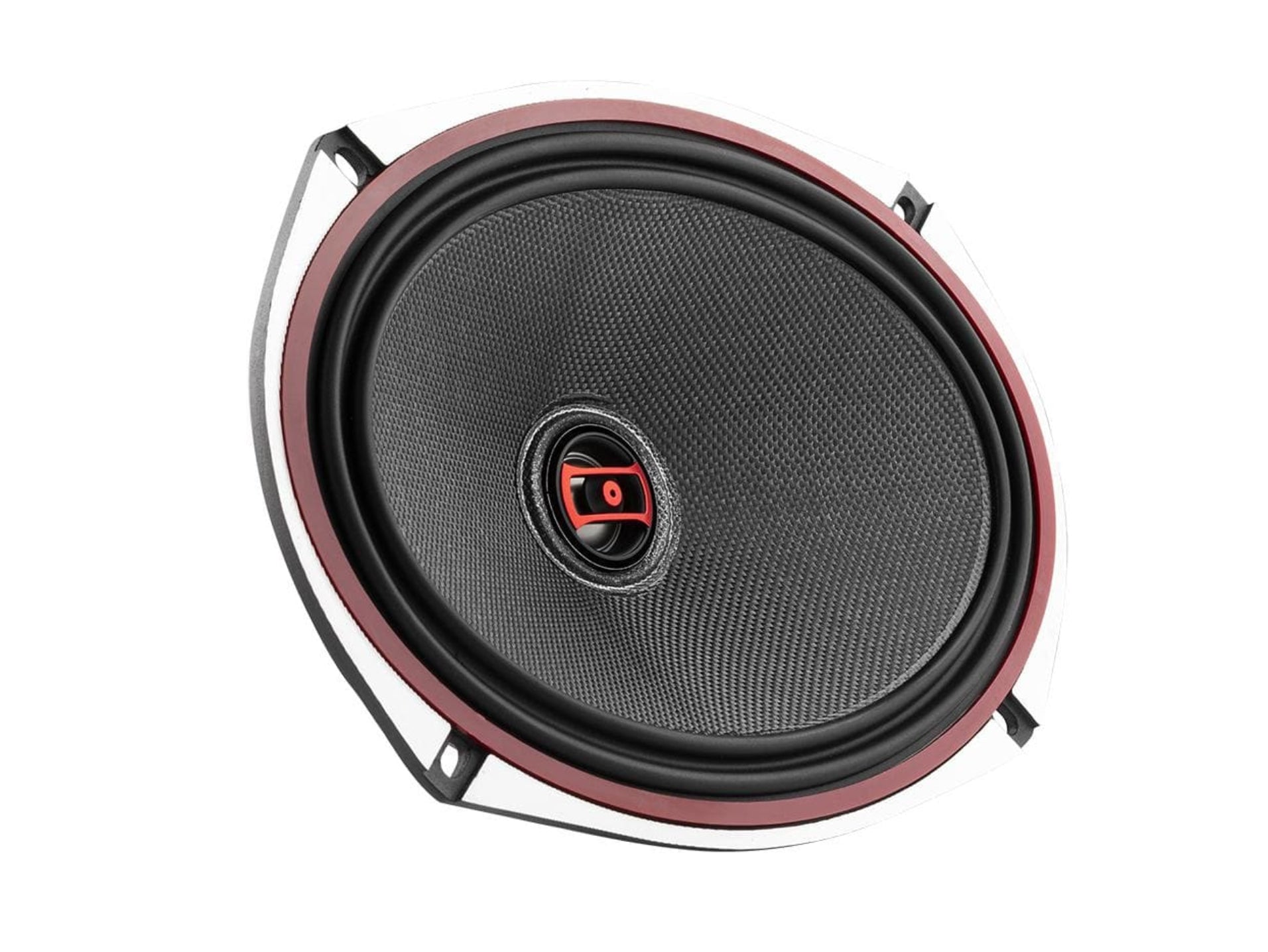 A single car audio speaker shown at an angle on a plain white background. The speaker features a black textured cone, a reddish-brown outer ring, and a central red and black tweeter.