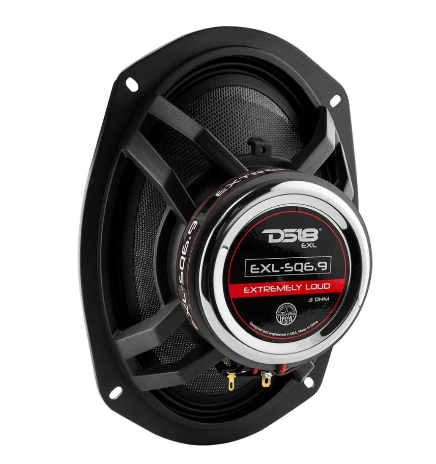 A 6x9 inch car audio speaker by DS18  featuring a black metal frame, black cone, and a central silver and black driver assembly with red and white branding details.