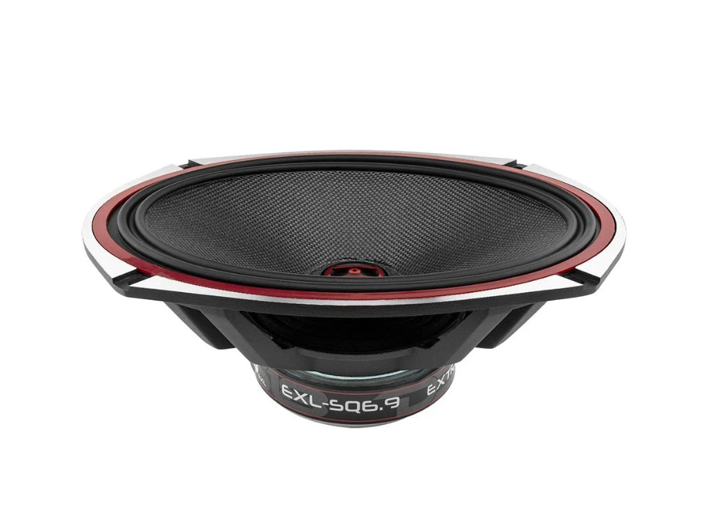 A car audio speaker with a black cone, a red outer ring accent, and a silver outer frame, shown on a plain white background.