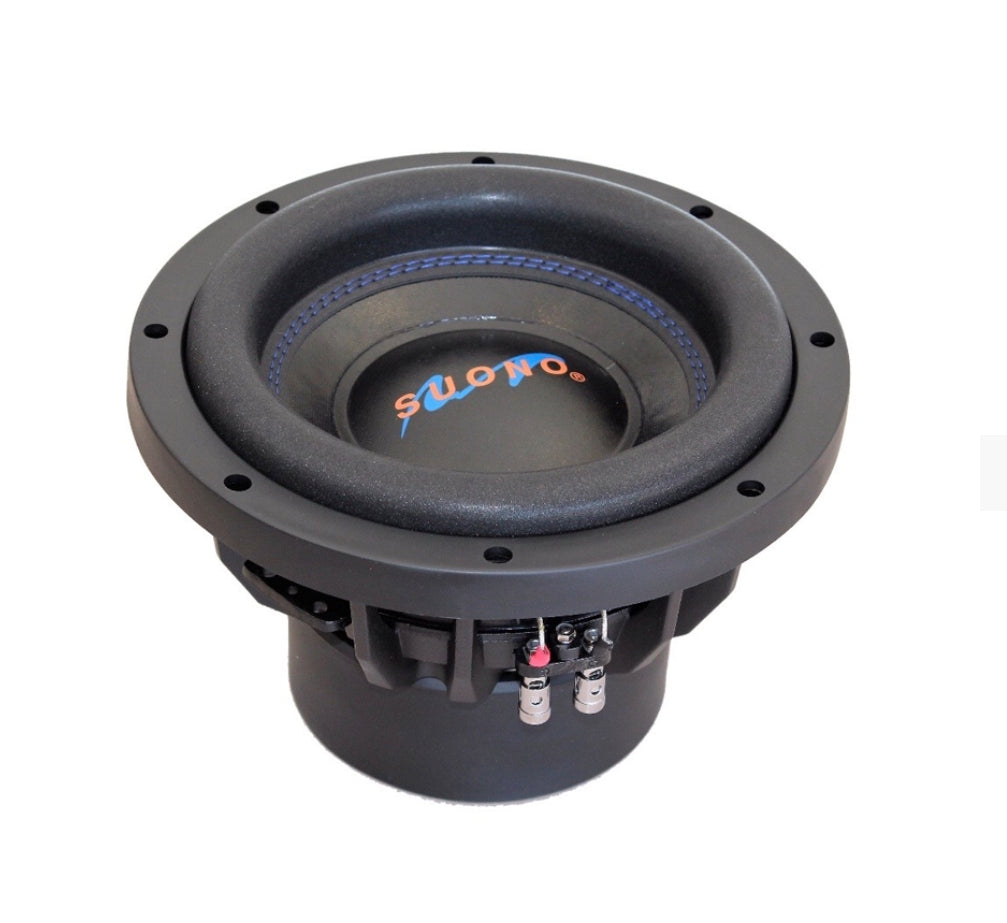 A black automotive subwoofer speaker with blue stitching and a visible 'suono.' logo on the cone, isolated on a white background.