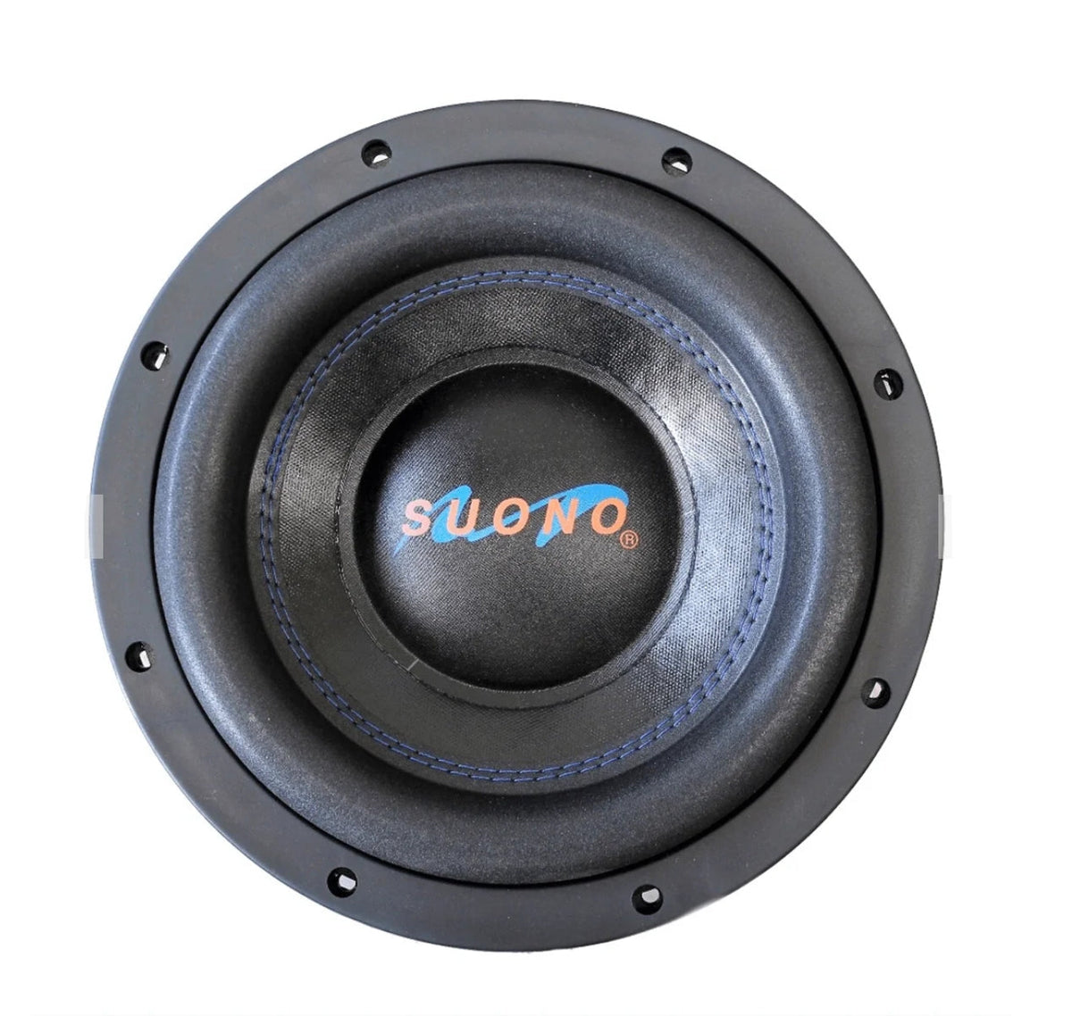 A round automotive subwoofer speaker with a black cone and mounting ring, featuring a blue stitched inner ring and a central logo that reads 'SUONO' in orange and blue, set against a plain white background.