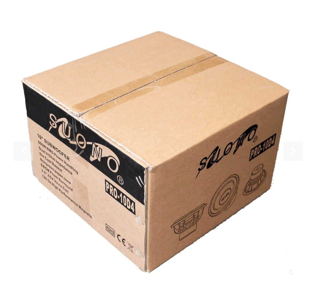A brown cardboard shipping box with printed branding for SUONO and PROMOD4, photographed on a plain white background.