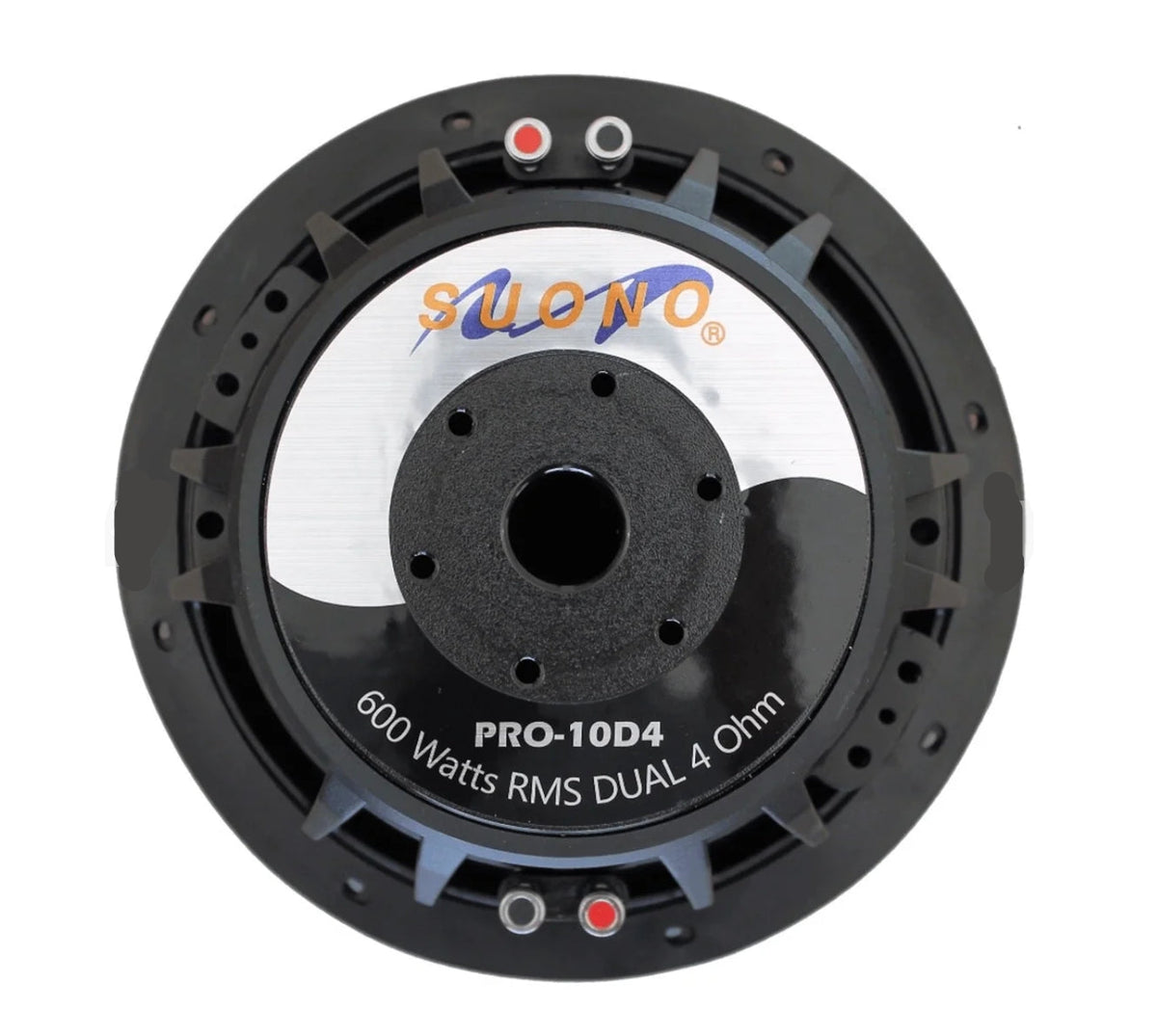 A circular black dual speaker driver with a silver inner ring, featuring the brand name 'suono' in orange and blue, and text reading 'PRO-10D4 600 Watts RMS DUAL 4 Ohm'.