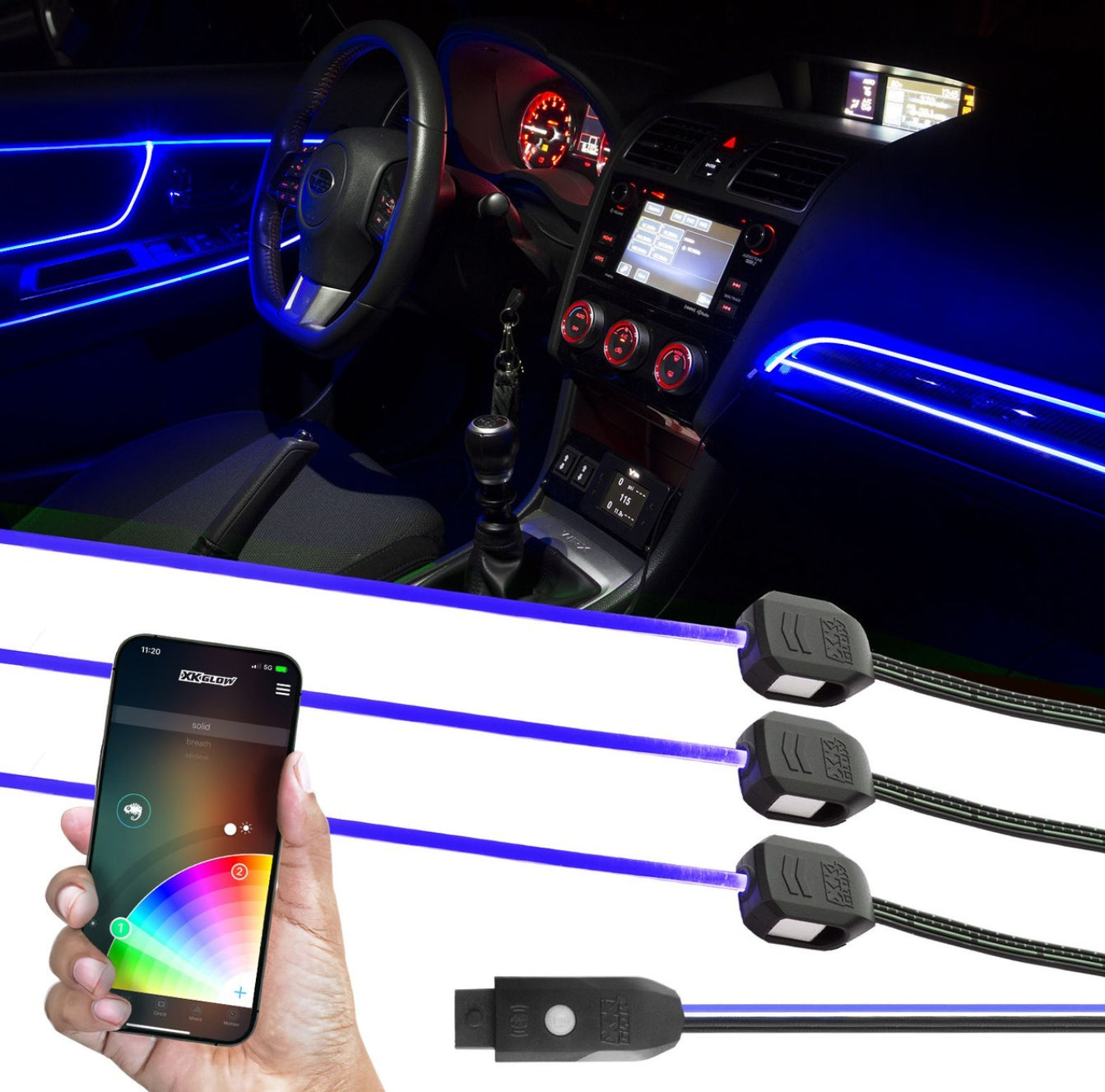 Blue ambient car interior light strip kit shown installed in a car dashboard, with a hand holding a smartphone controller and the cable connectors on a white background.