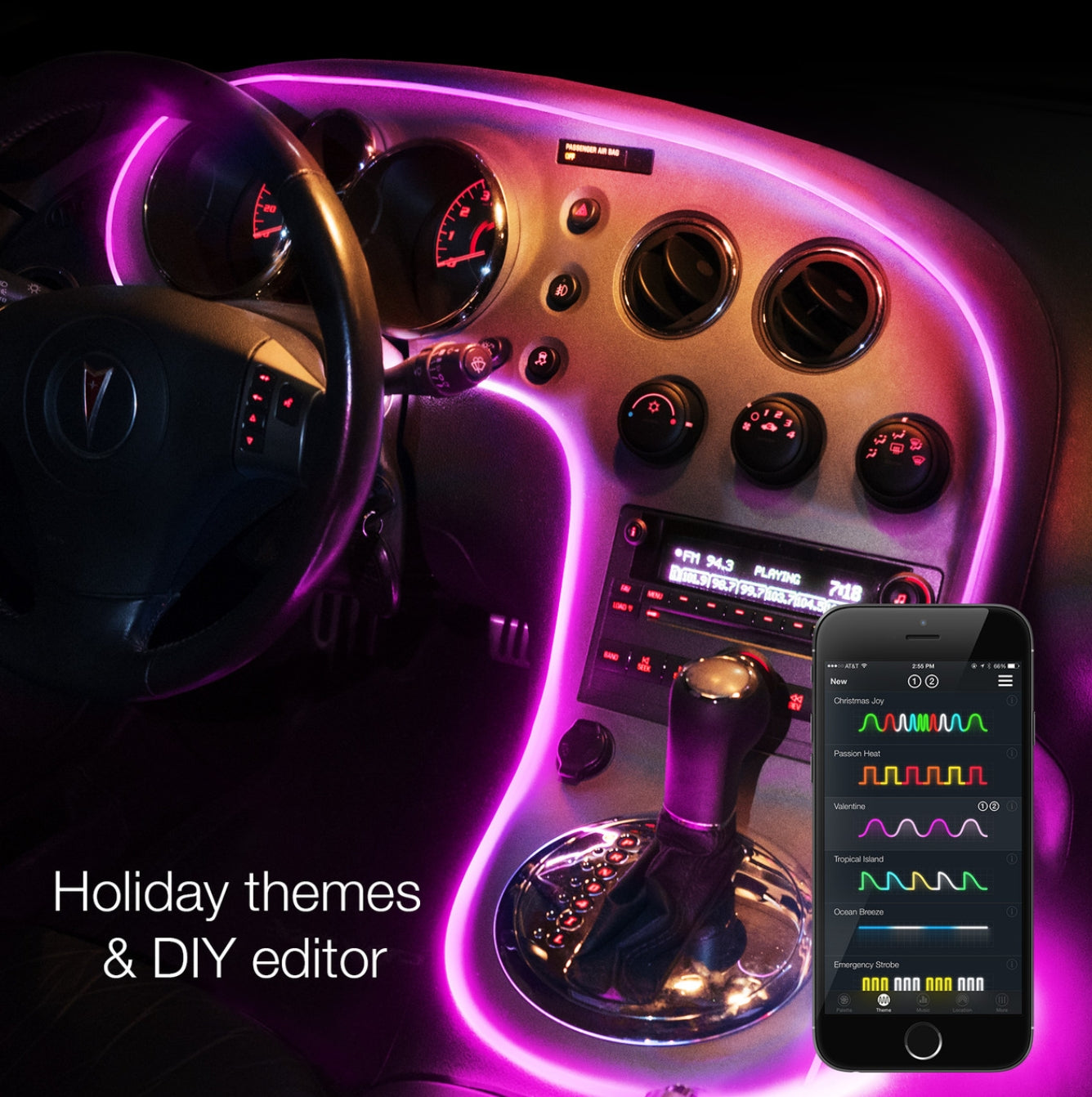 A car interior with bright purple LED ambient lighting around the dashboard and gear shift knob, plus a smartphone showing a waveform app screen. Text on the image reads 'Holiday themes & DIY editor.