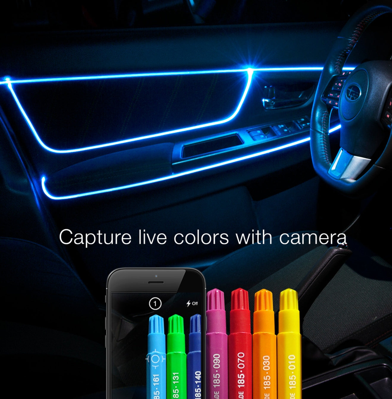 Blue LED car door panel ambient light strips glowing on a dark car interior, with a smartphone app preview and six colorful marker-style light strip color options shown at the bottom.