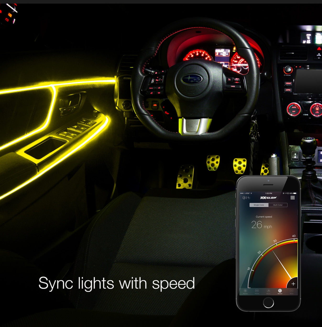 A car interior shown at night with bright yellow ambient light strips outlining the door panel and dashboard area. A smartphone app screen is overlaid in the lower right with the text 'Sync lights with speed,' indicating a remote control product.