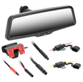 A rearview mirror kit for a car backup camera, including a rectangular mirror, mounting bracket, wiring harnesses, connectors, and a red adhesive mount, shown on a white background.