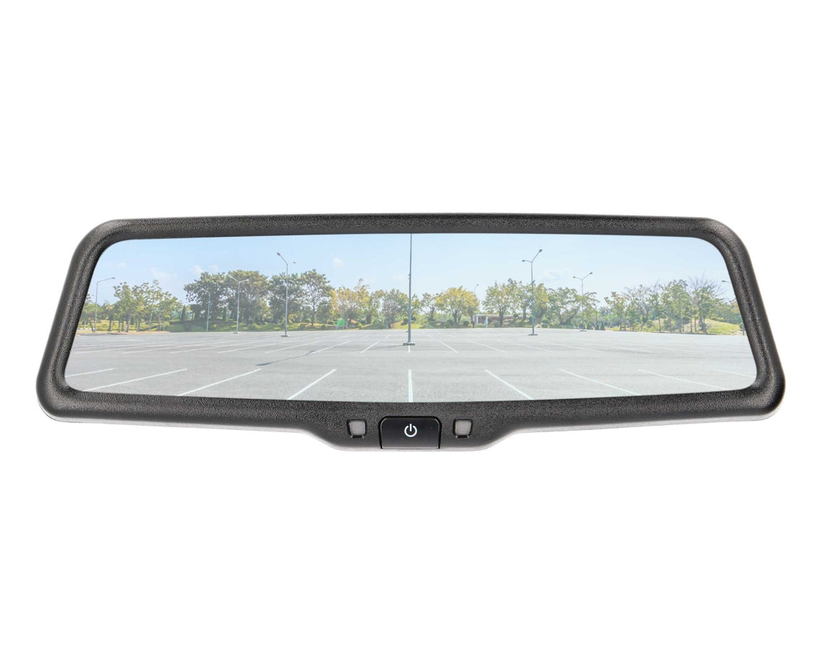 A rearview mirror with an integrated rear camera display, shown against a plain white background.