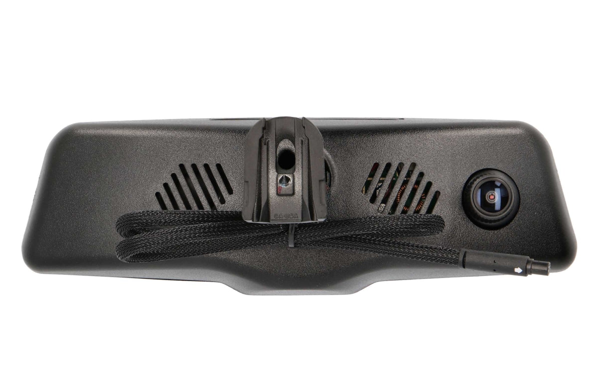 A black car rear-view mirror with an integrated dash cam camera lens on the right side, featuring a black mounting bracket and a black braided cable on a white background.