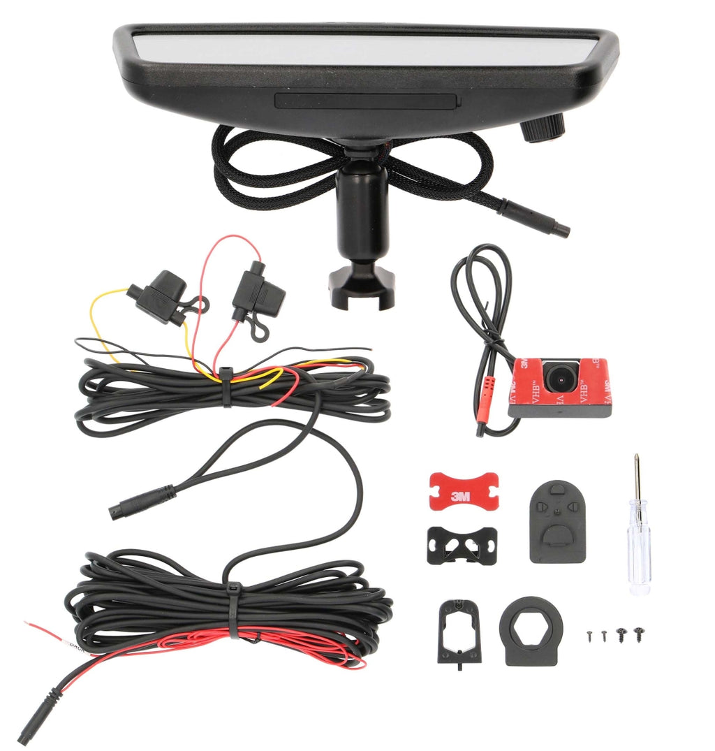 A car rearview mirror kit with a black rearview mirror, mounting bracket, wiring harnesses, a red-and-black rear camera, mounting clips, screws, and a small screwdriver on a white background.