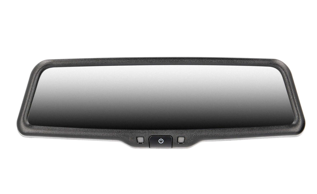 A rearview mirror with an integrated power button, featuring a black textured frame and a reflective glass surface, shown against a plain white background.
