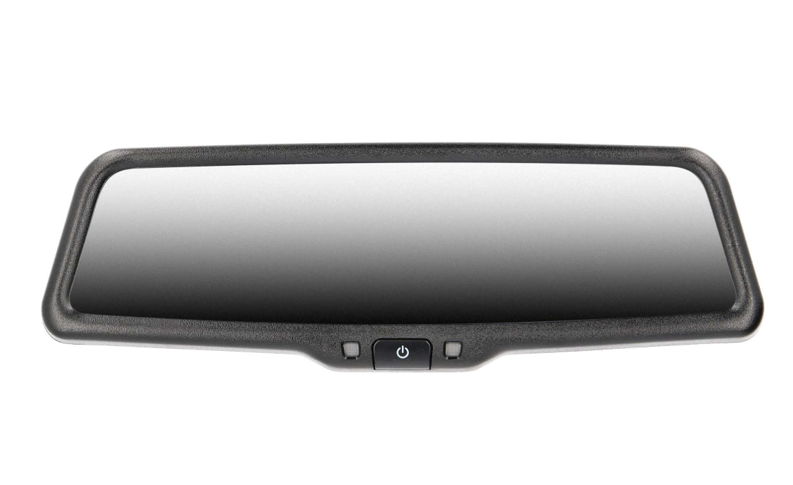 A rearview mirror with an integrated power button, featuring a black textured frame and a reflective glass surface, shown against a plain white background.
