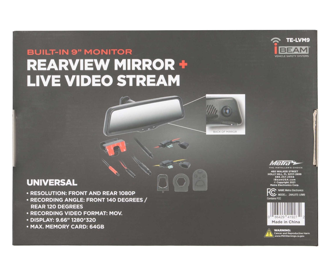 Front of retail packaging for a rearview mirror and live video stream kit, with product name text, included accessories shown on the box, and a small mirror inset illustration on a dark gray background.
