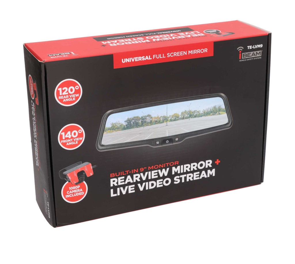 A retail box for a TE-LUM built-in rearview mirror with live video stream feature, shown at a three-quarter angle on a white background.