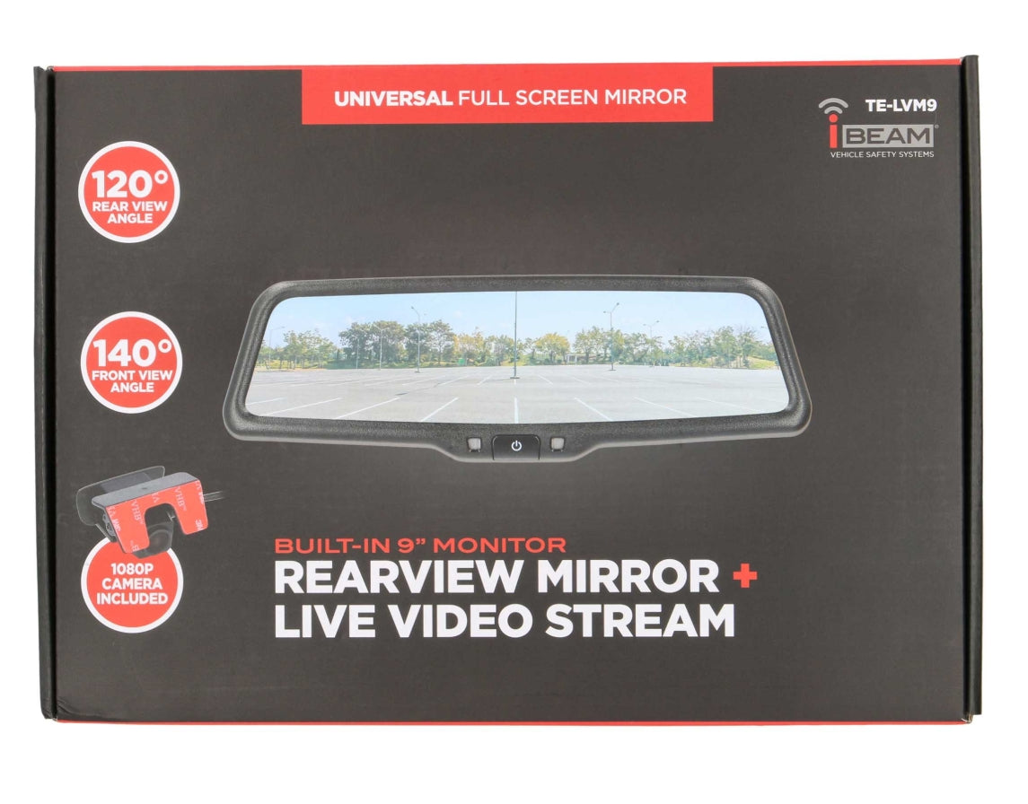Black retail packaging box for a universal full screen rearview mirror with live video stream and built-in 9-inch monitor, featuring red and white text and a photo of the mirror on the front.