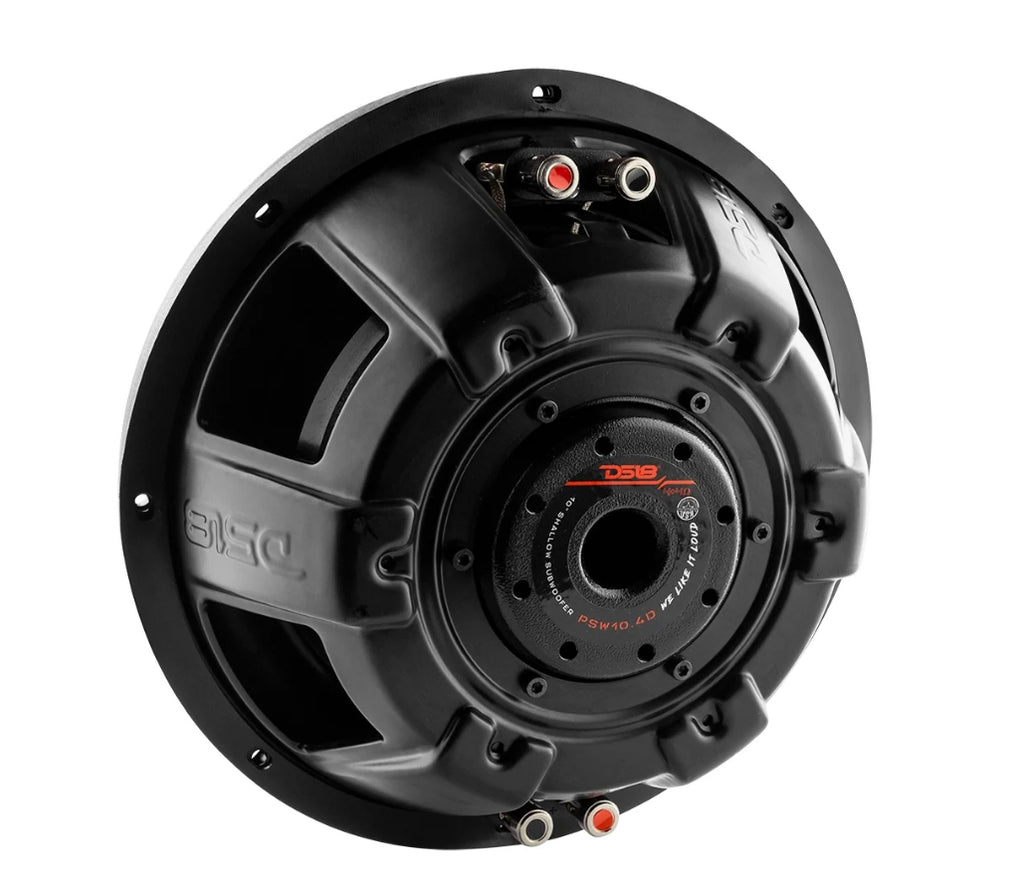 A black DS18 subwoofer with visible terminal connectors and mounting details, photographed on a clean white background.