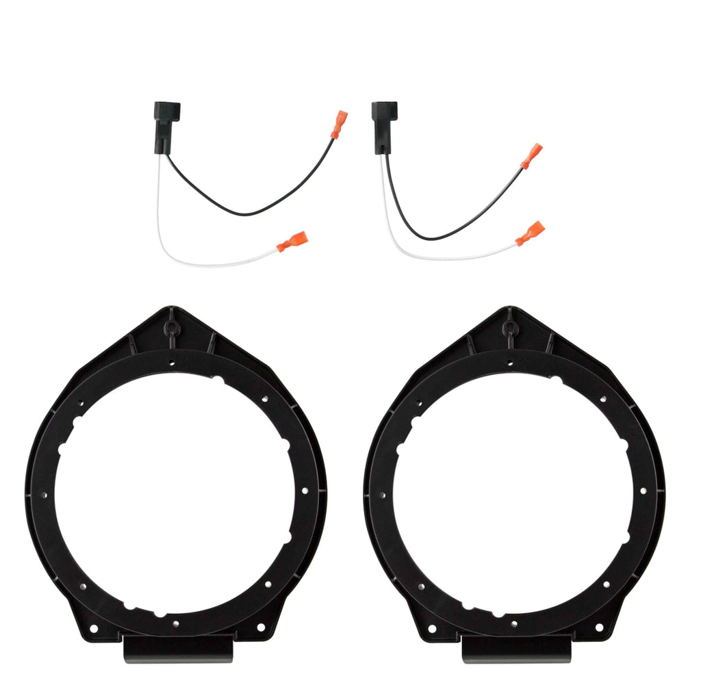 Two black circular plastic mounting rings with small black brackets at the bottom, shown on a white background with two short black-and-white wire connectors above them.