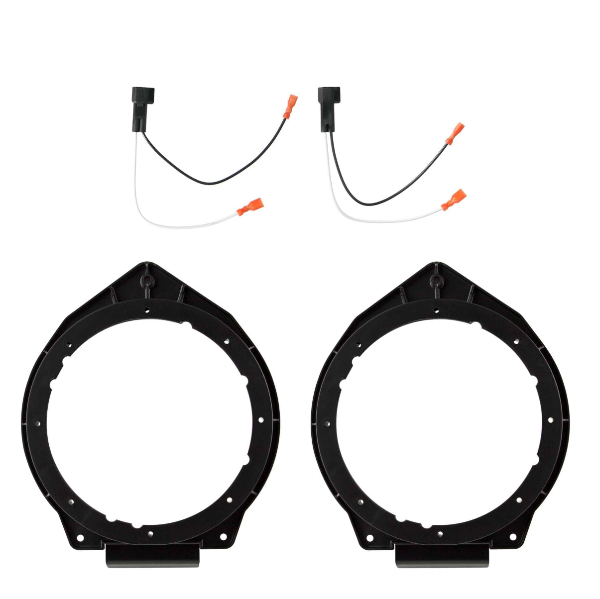 Two black circular plastic mounting rings with small black brackets at the bottom, shown on a white background with two short black-and-white wire connectors above them.