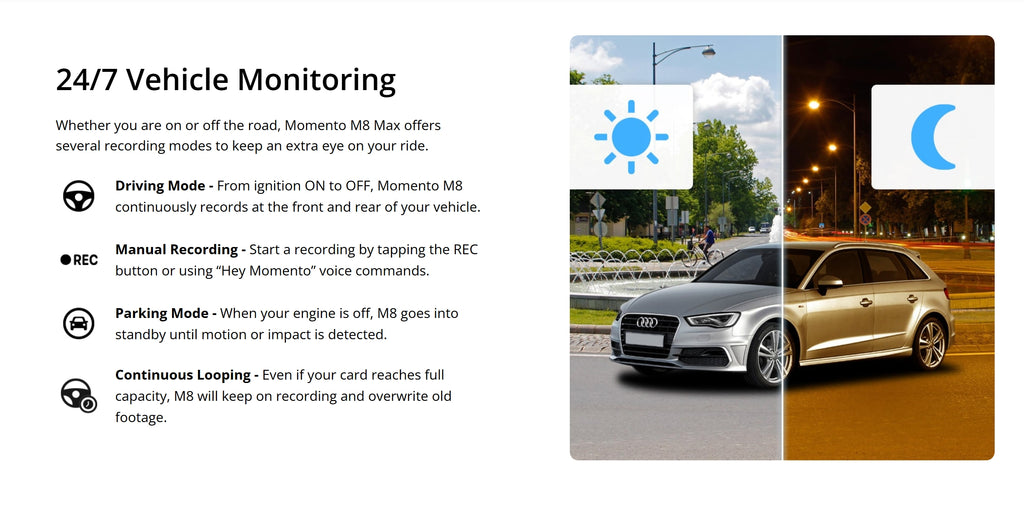 Momento M8 Max 24/7 vehicle monitoring modes - driving mode with continuous front and rear recording, manual REC button or Hey Momento voice command, parking mode standby on motion or impact, and continuous loop recording
