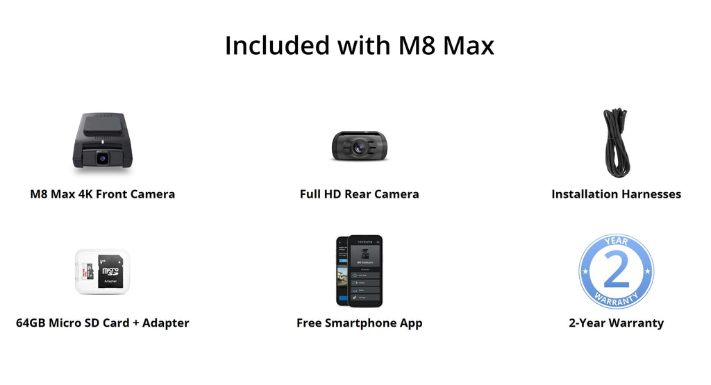 Momento M8 Max included contents - M8 Max 4K front camera, Full HD rear camera, installation harnesses, 64GB micro SD card with adapter, free smartphone app, and 2-year warranty