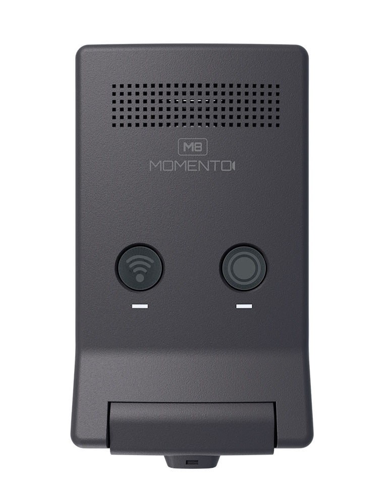 Momento M8 Max dash camera top view showing M8 Momento branding, WiFi button, REC button, and speaker grille