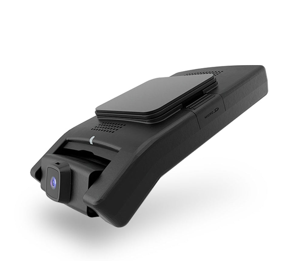 Momento M8 Max 4K dash camera angled view showing windshield adhesive mount, front lens, and micro SD card slot