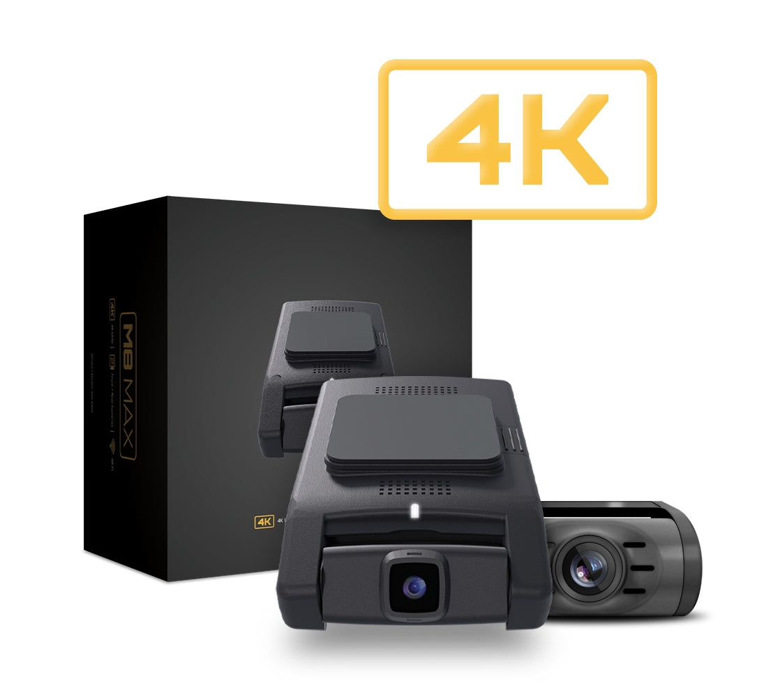 Momento M8 Max 4K dash camera angled side view showing low-profile black housing, windshield mount, front lens, Rear Camera, and retail box