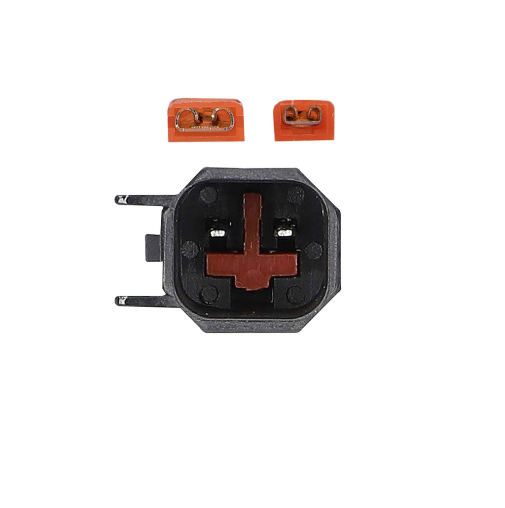 Metra 82-GM4 OEM GM speaker plug connector close-up with two orange female quick-connect wire terminals for no-cut speaker installation