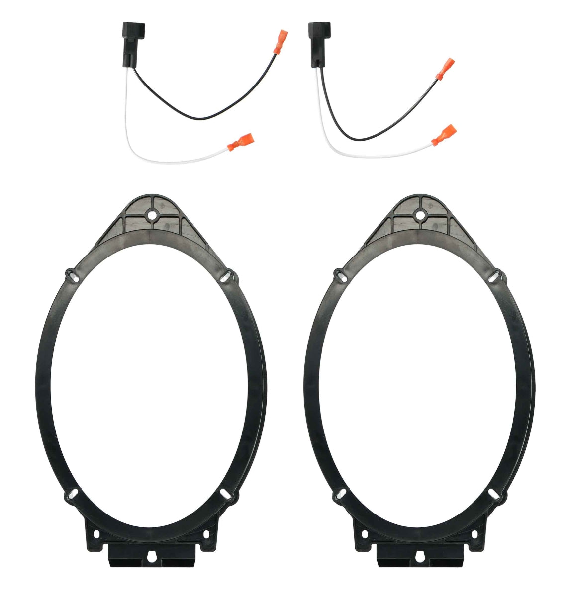 Metra 82-GM4 GM speaker adapter kit pair showing two oval 6x9 speaker mounting brackets and two speaker wire harnesses with orange quick-connect terminals for GM vehicles