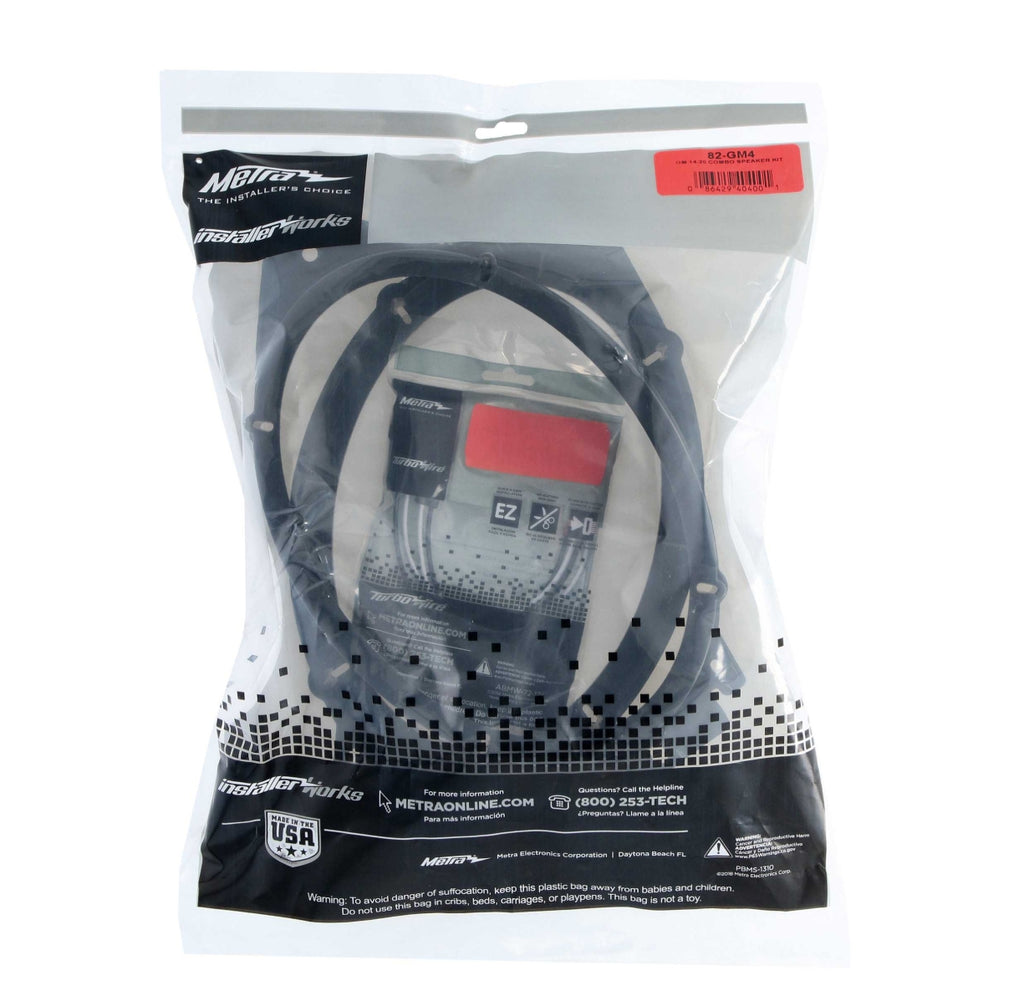 Metra 82-GM4 GM speaker adapter kit retail packaging - Metra InstallerWorks bag, Made in USA, model 82-GM4 labeled