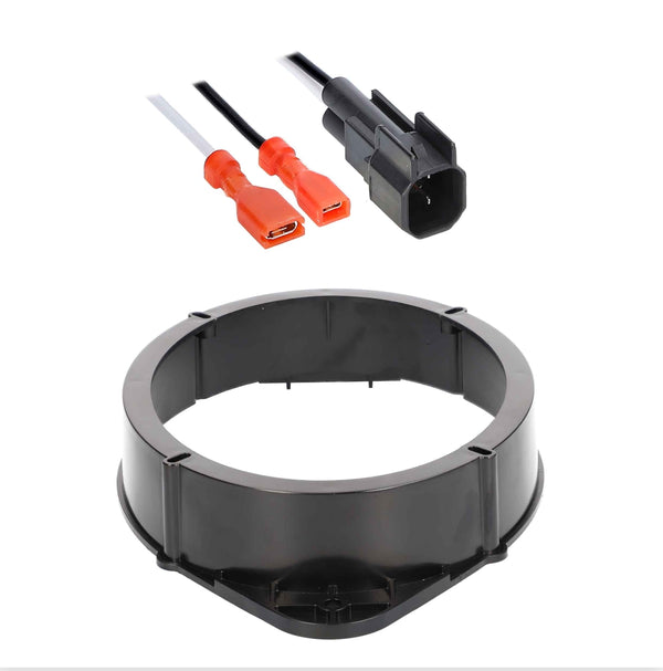 Metra 82-GM4 GM speaker adapter kit showing one round speaker mounting bracket and one speaker wire harness with OEM GM connector and orange quick-connect terminals