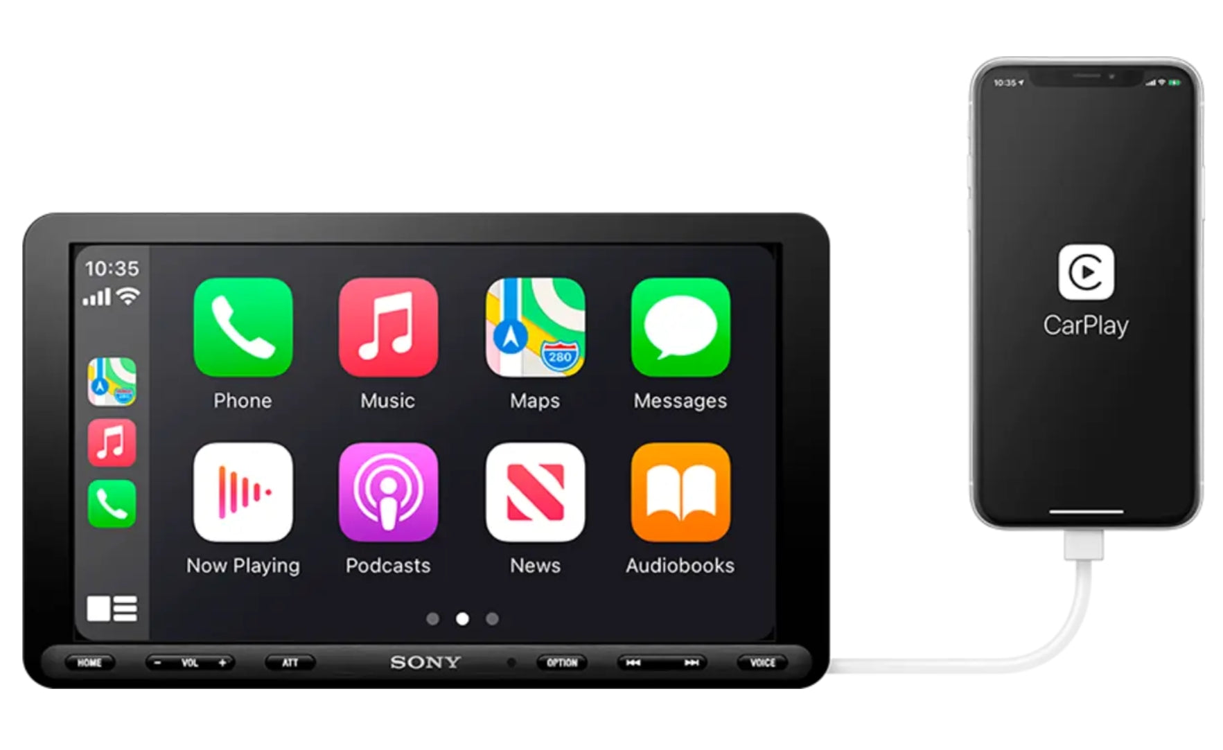Sony XAV-AX8100 front view showing Apple CarPlay interface with Phone, Music, Maps, Messages, Now Playing, Podcasts, News, and Audiobooks icons with iPhone connected via USB cable