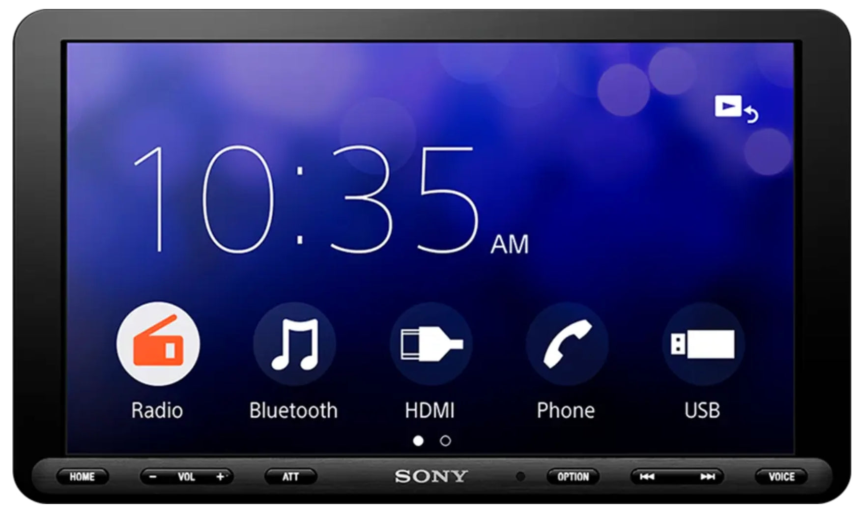 Sony XAV-AX8100 8.95 inch single DIN multimedia receiver front view with screen off showing black bezel, Sony logo, and capacitive touch control buttons