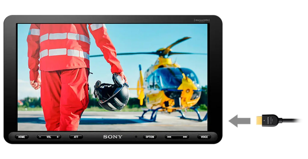 Sony XAV-AX8100 8.95 inch screen displaying HDMI video input with HDMI cable connection shown - supports full HDMI video playback from external device