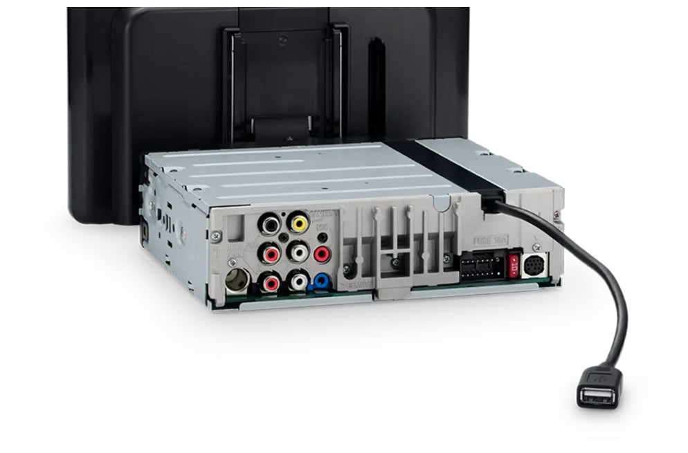 Sony XAV-AX8100 rear chassis view showing RCA audio and video outputs, camera input, USB cable, and detached 8.95 inch screen panel with screen connector