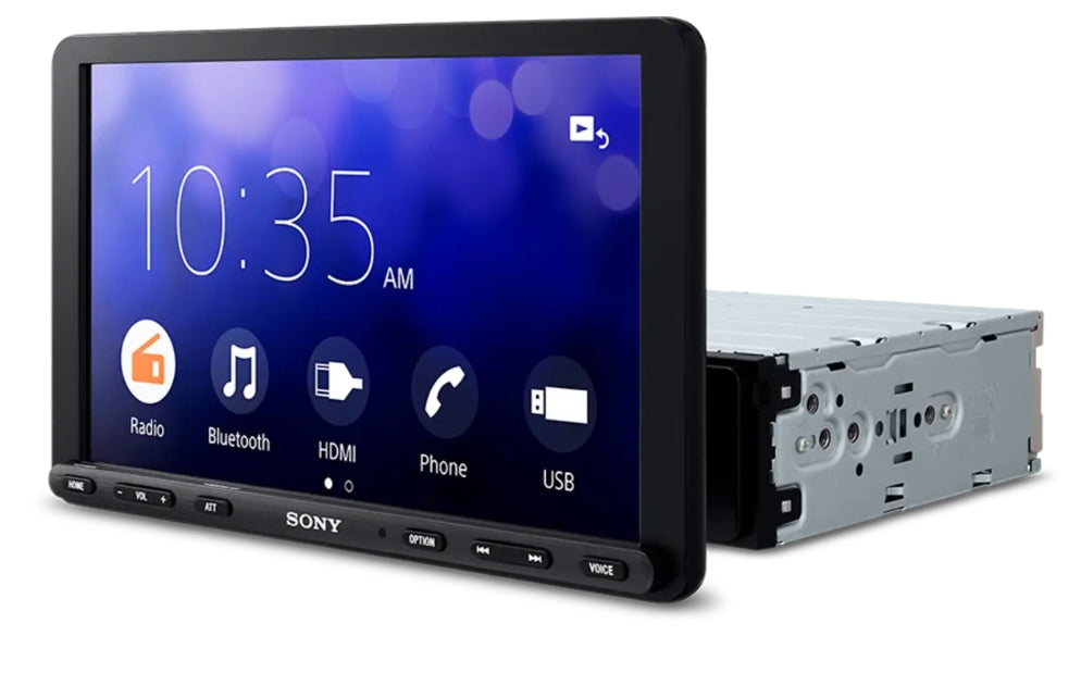 Sony XAV-AX8100 angled front view showing Apple CarPlay interface with Maps, Music, Phone, and Messages on 8.95 inch capacitive touchscreen