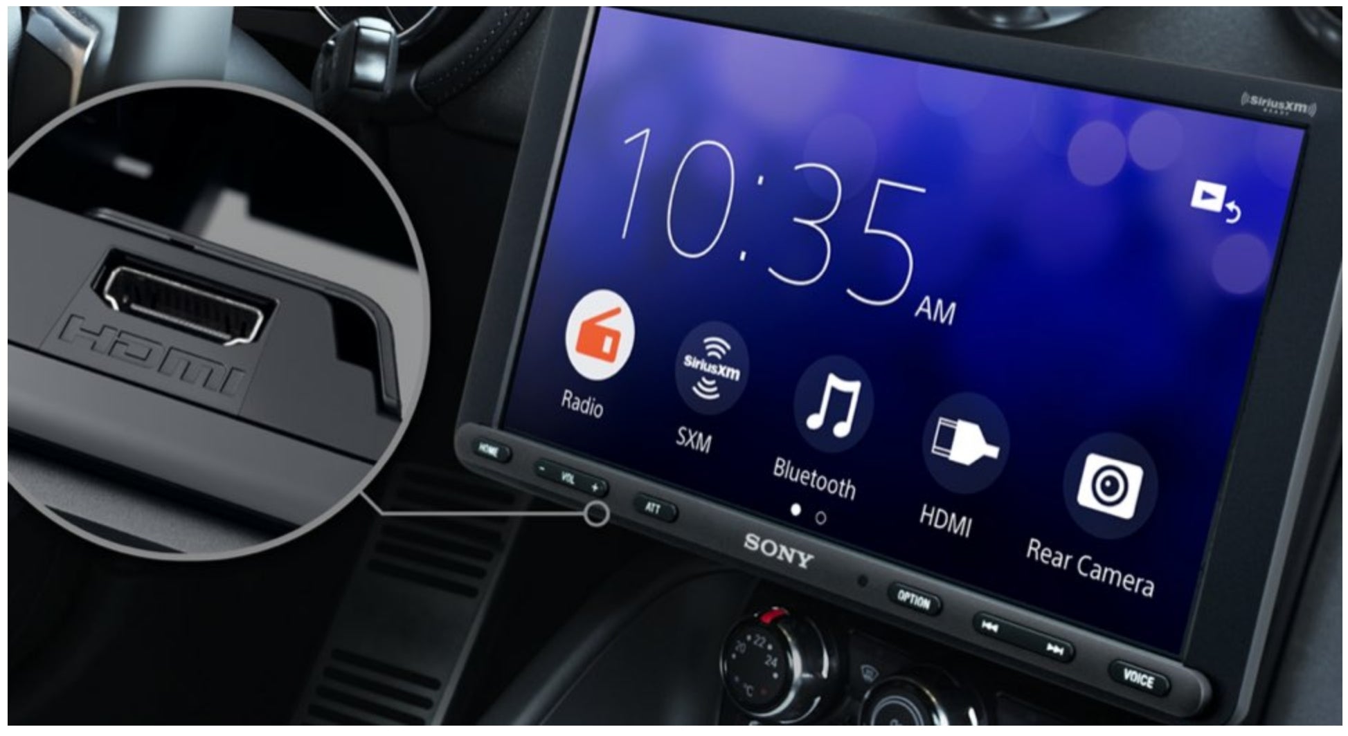 Sony XAV-AX8100 installed in vehicle dash showing home menu with 10:35 AM clock, Radio, SiriusXM, Bluetooth, HDMI, and Rear Camera icons with HDMI port location callout