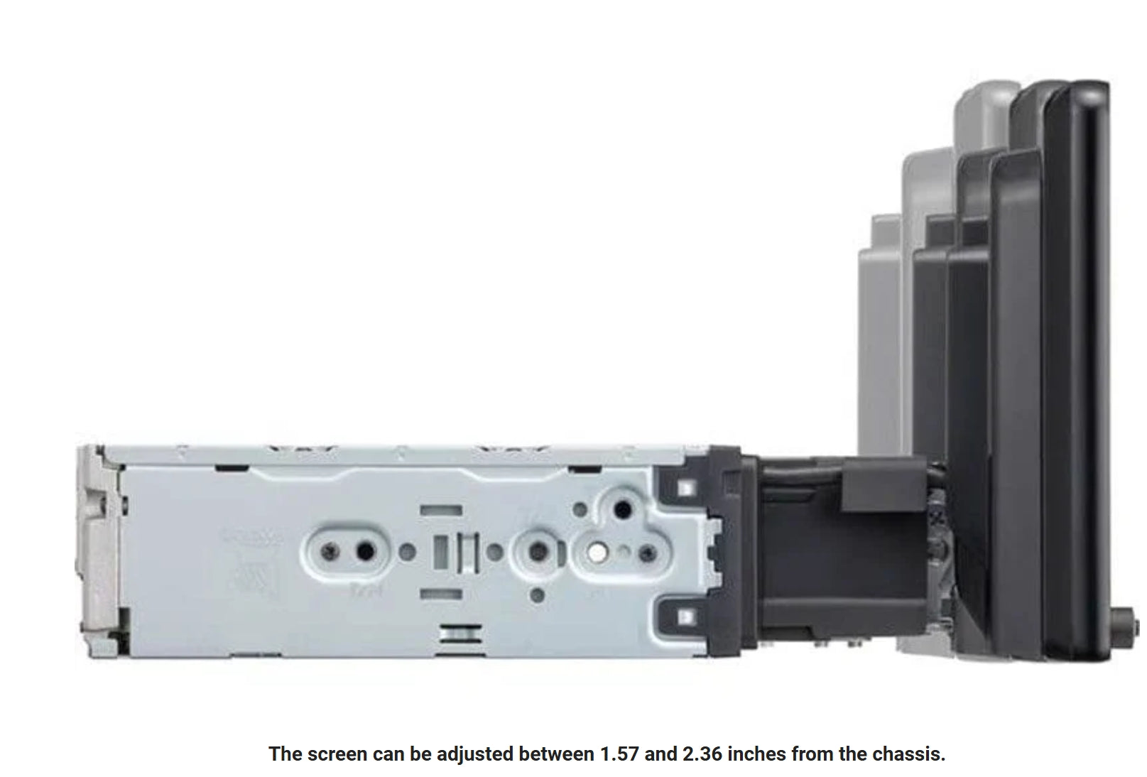 Sony XAV-AX8100 side profile view showing single DIN chassis with 8.95 inch screen at minimum tilt position - screen adjustable between 1.57 and 2.36 inches from chassis