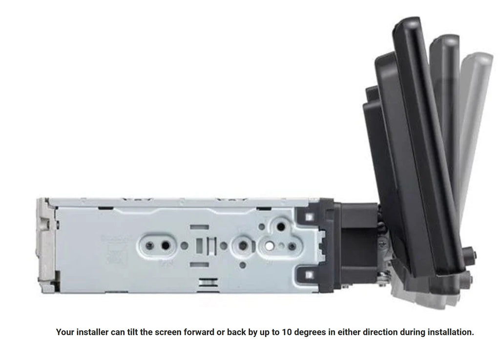 Sony XAV-AX8100 side profile view showing screen tilted to maximum forward position - screen can be tilted forward or back up to 10 degrees in either direction during installation