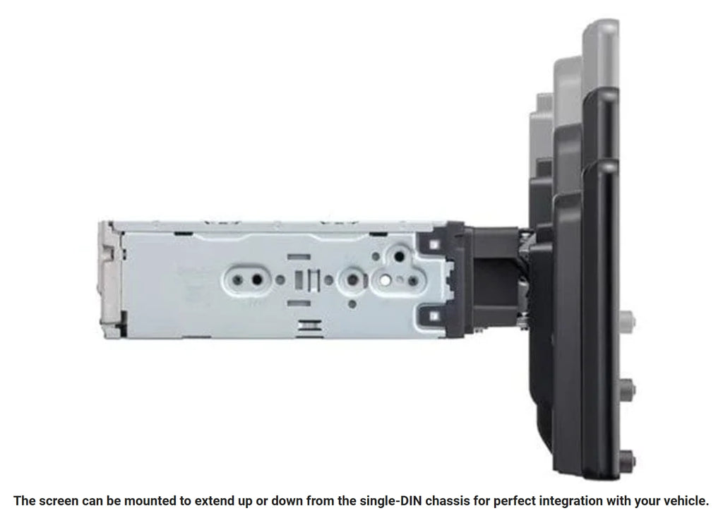 Sony XAV-AX8100 side profile view showing single DIN chassis with screen in center neutral position - screen can be mounted to extend up or down from chassis for perfect dash integration
