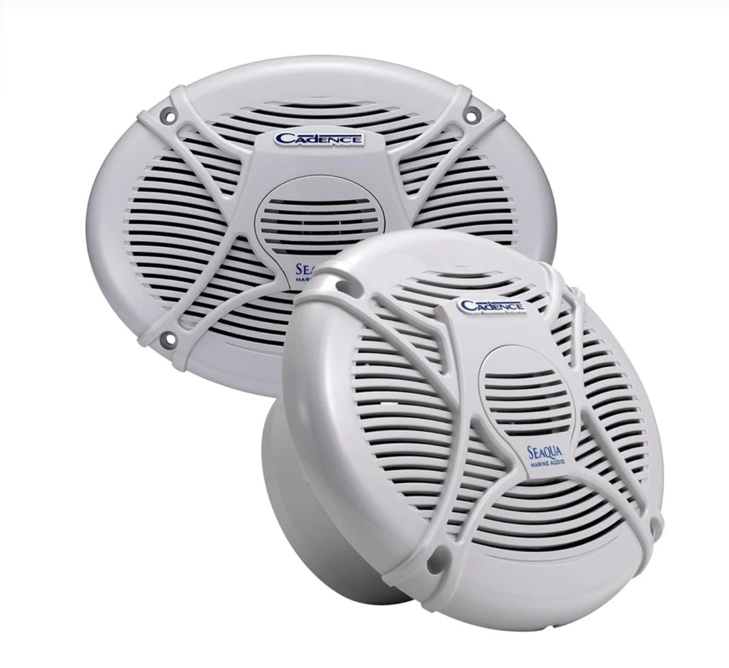 Two white marine car speakers with a protective cage, shown on a solid white background. One speaker is labeled 'CARRIERACE' and the other 'SEAWAVE marine fun'.