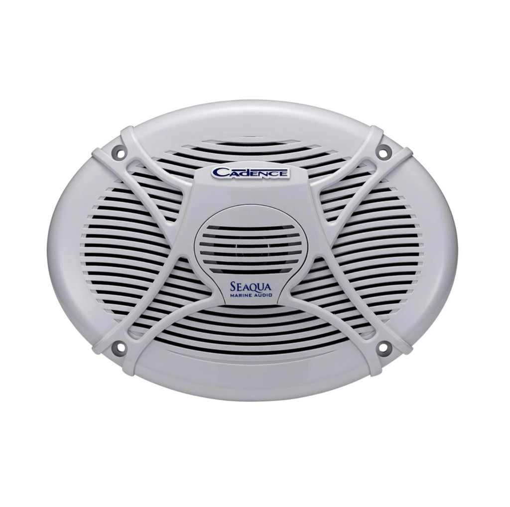 An oval white marine speaker with a black grille and blue brand logos for Carhenge and Seaquay Audio Systems, isolated on a white background.