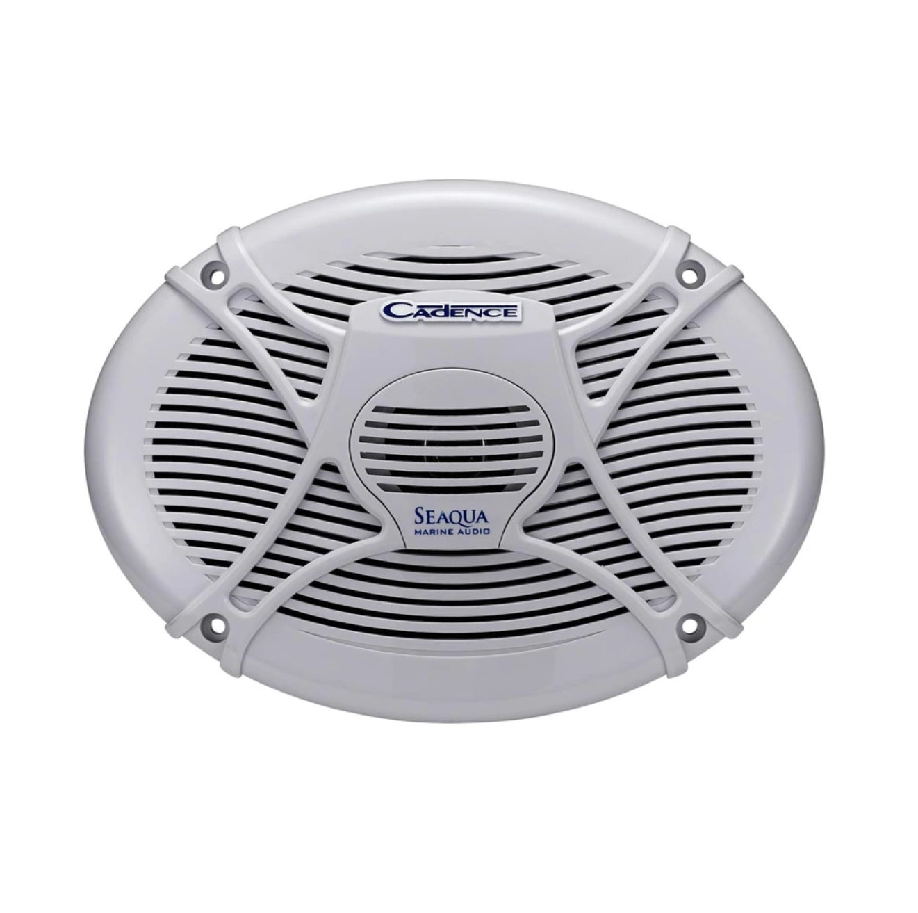 An oval white marine speaker with a black grille and blue brand logos for Carhenge and Seaquay Audio Systems, isolated on a white background.