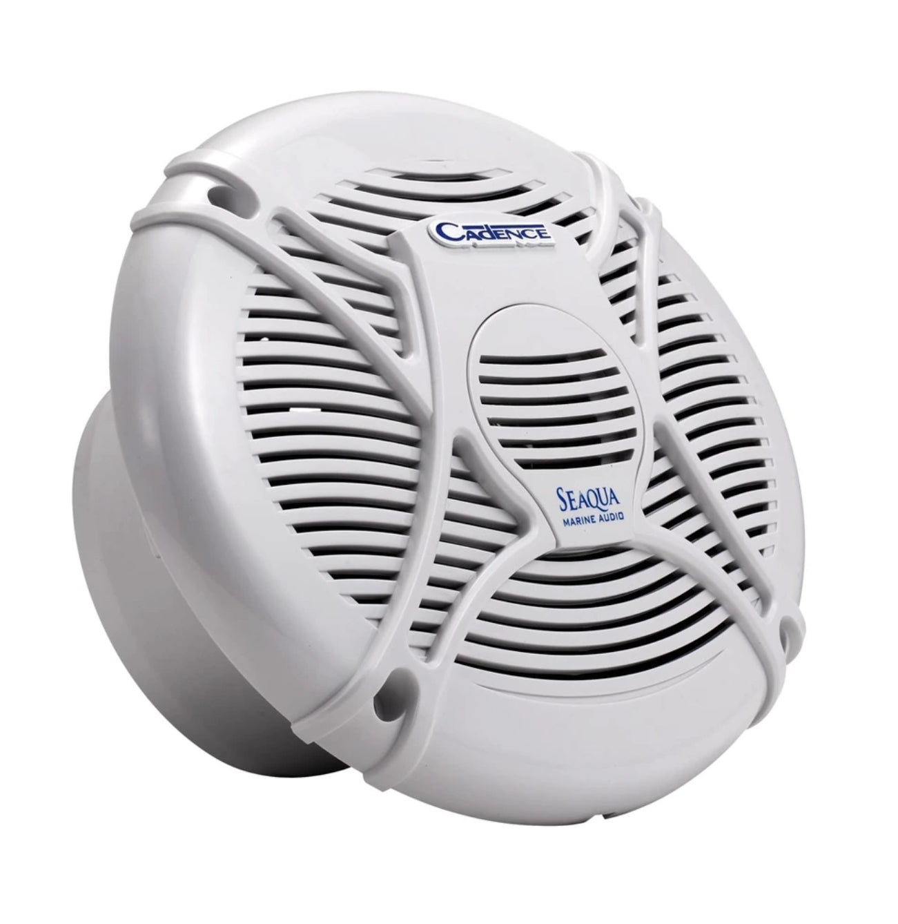 A white marine speaker with a protective grille and mounting bracket, featuring the brands 'CabinVoice' and 'SeaQua Marine System' printed on the front.