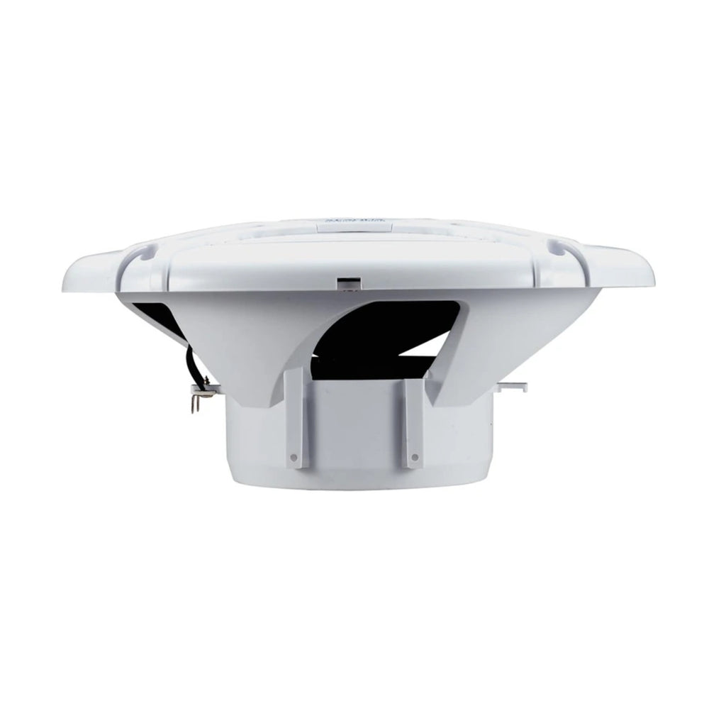 A white outdoor weatherproof vent cover with a circular top cap and a cylindrical base, shown from a side angle on a solid white background.